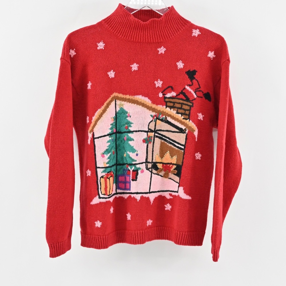 Vtg Ugly Christmas Sweater Womens Sz L Red Mock Neck Knit Santa Holiday Snowing